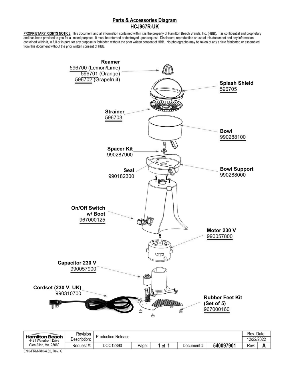 Diagram Diagram and Parts List for HCJ967R-UK  Hamilton Beach Juicer